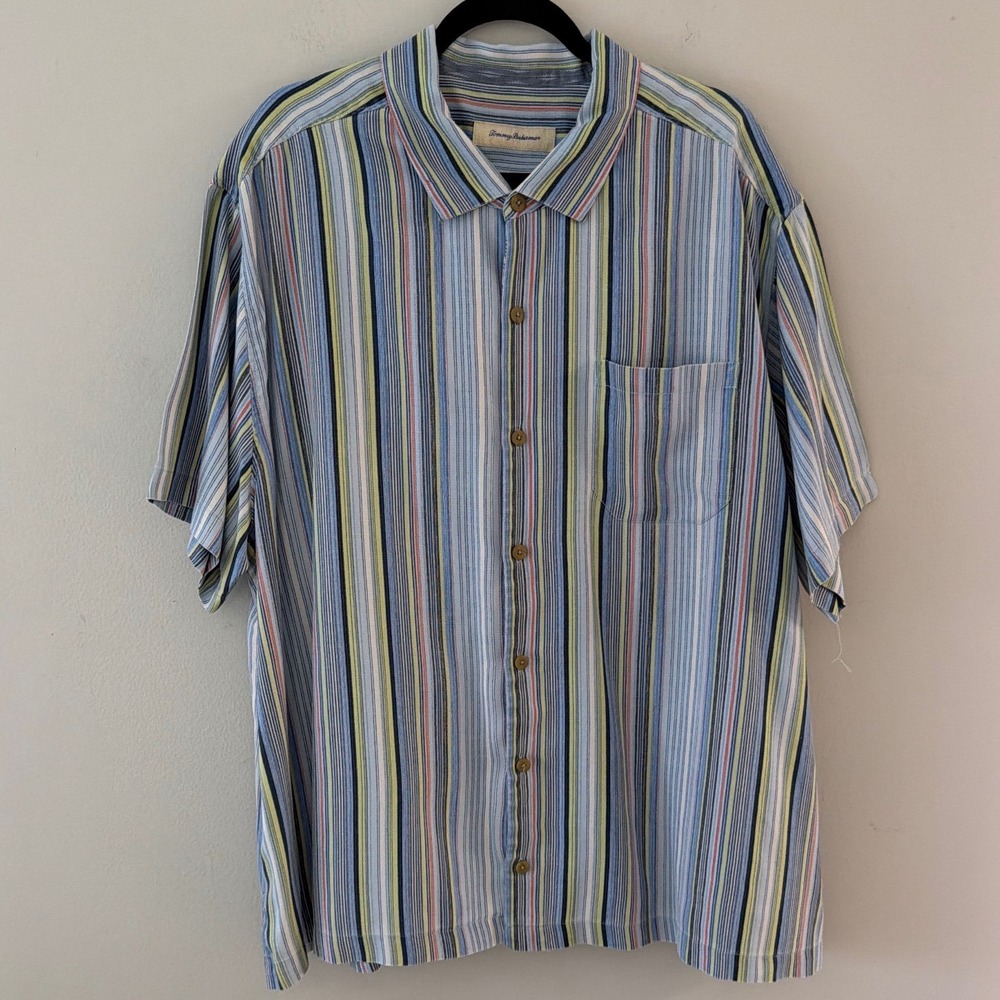 Tommy Bahama Men 3XB Silk Blend Striped Short Sleeve Button Down Camp Shirt Blue